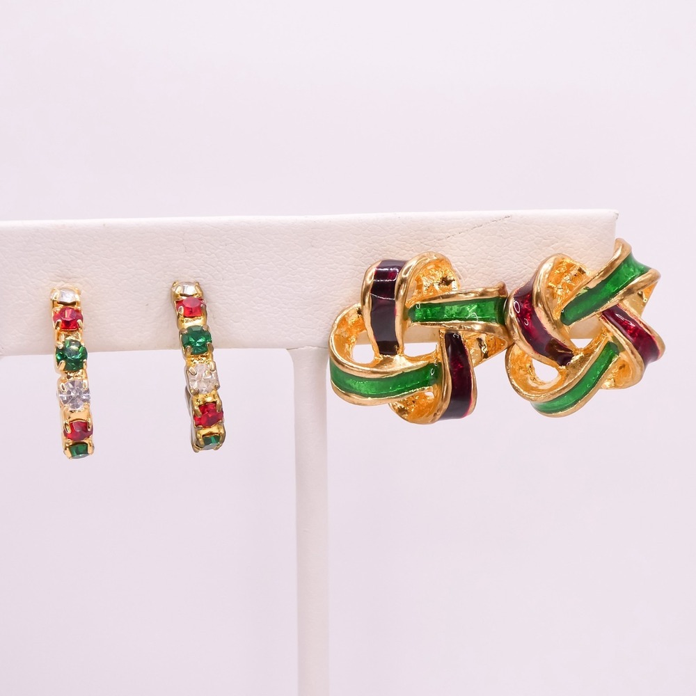 Holiday Christmas Rhinestone Enamel Hoop Earring Lot Of 2 Goldtone Red & Green